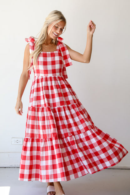 Red Gingham Tiered Maxi Dress