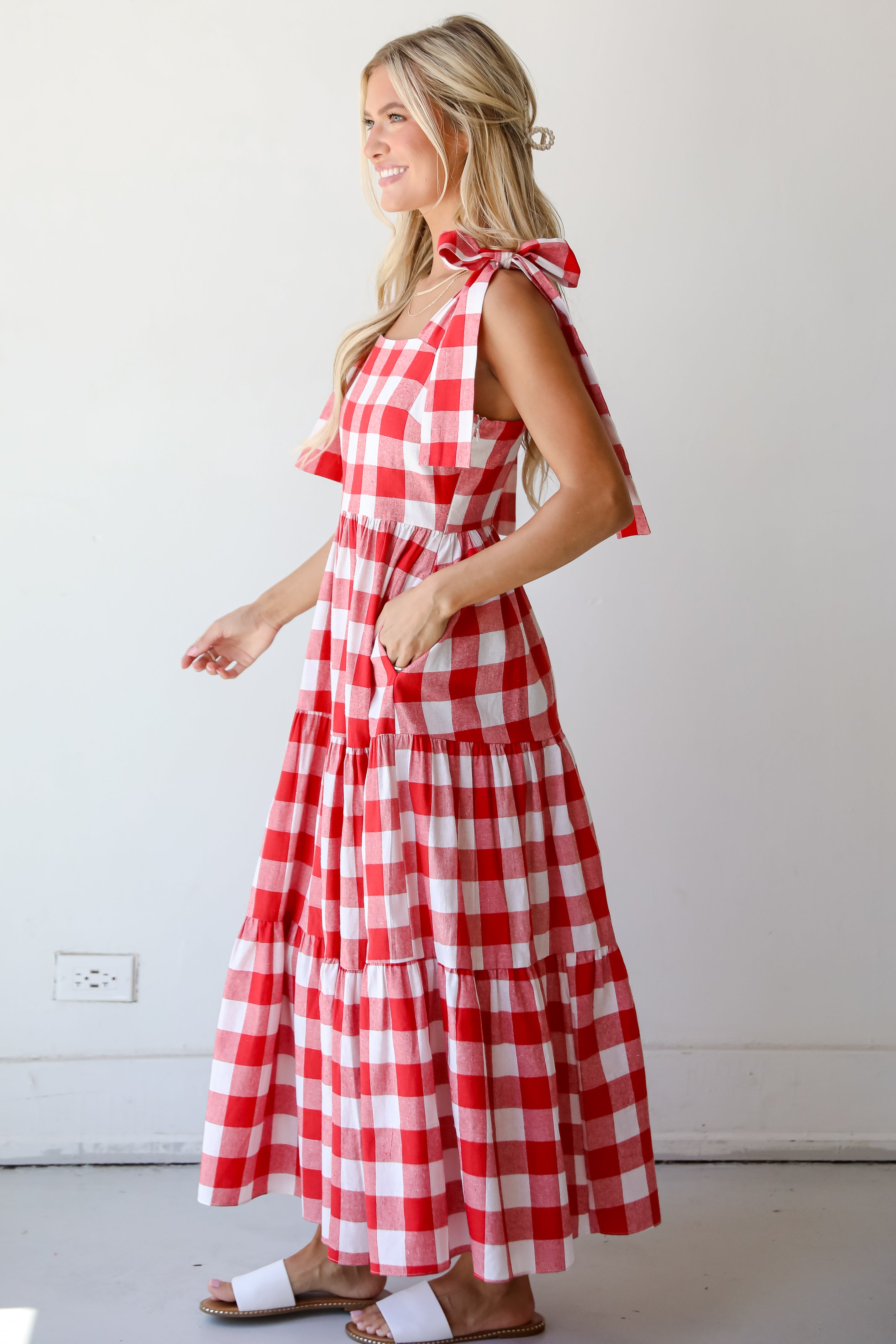 Red Gingham Tiered Maxi Dress