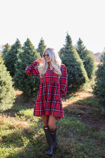 Adorably Demure Red Plaid Tiered Mini Dress