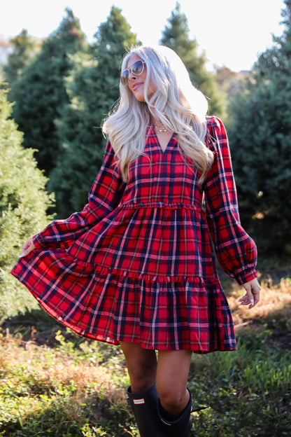 Adorably Demure Red Plaid Tiered Mini Dress