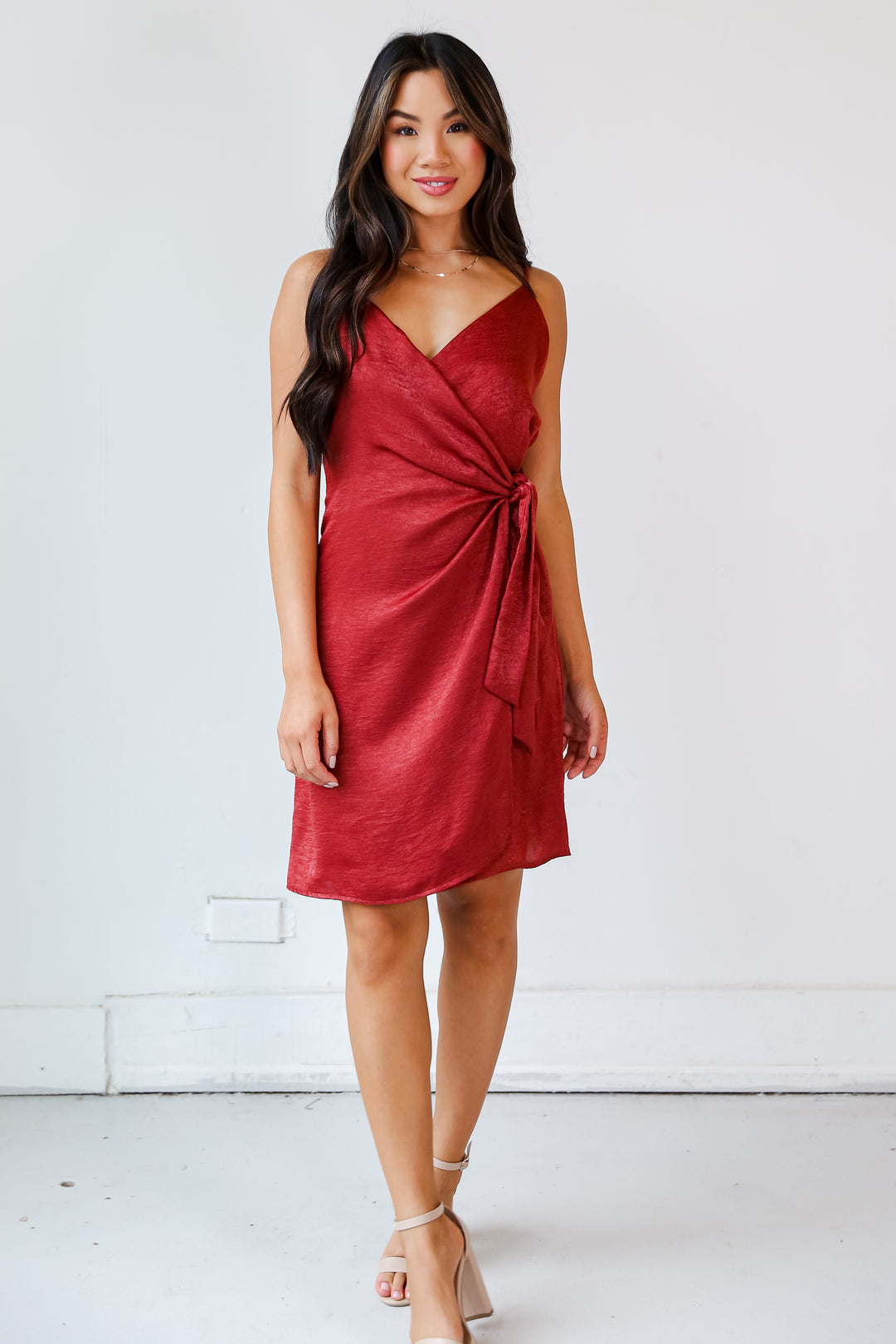 Marsala Satin Mini Dress on model