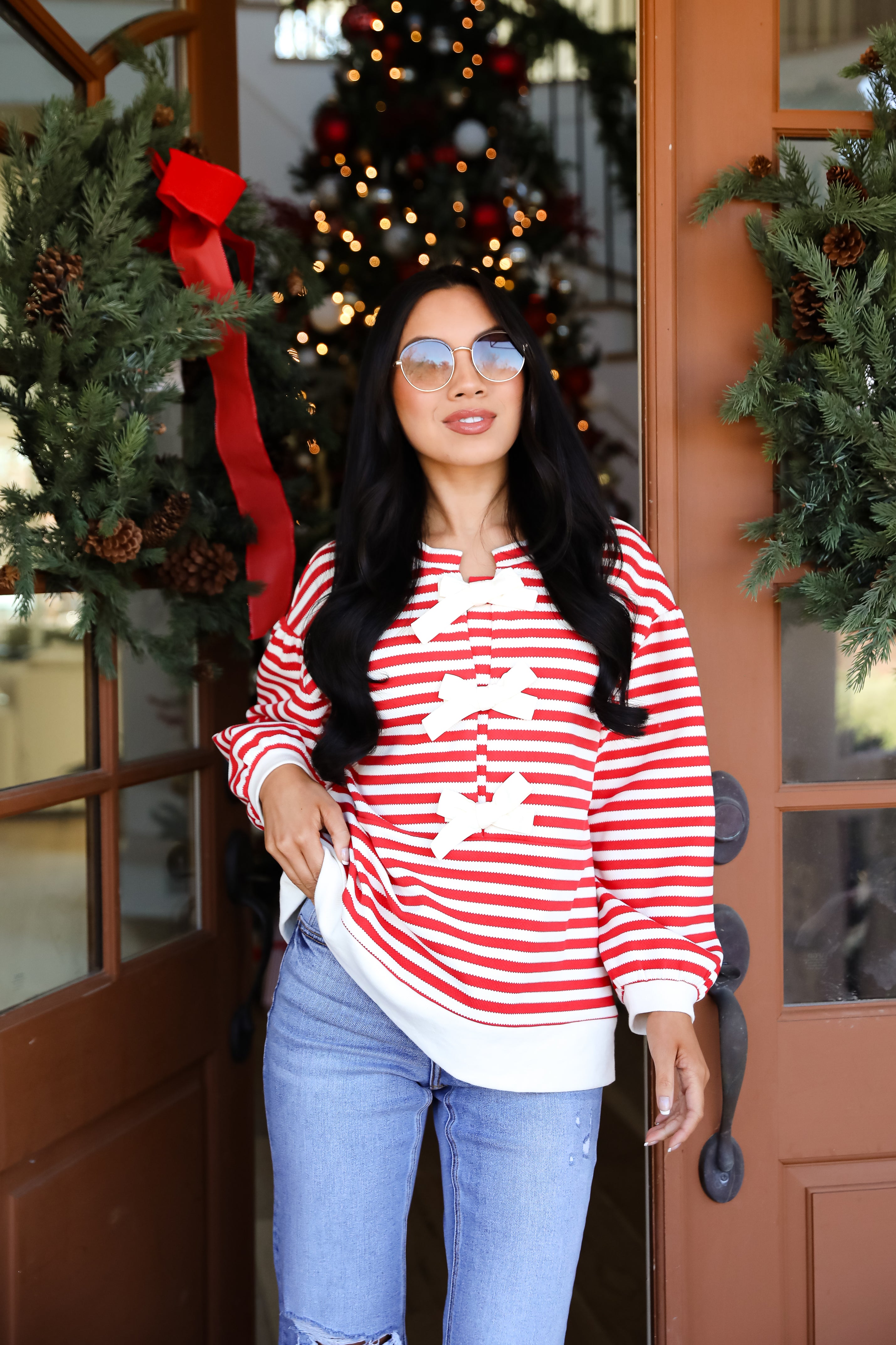 Unbelievably Lovely Red Striped Bow Knit Top