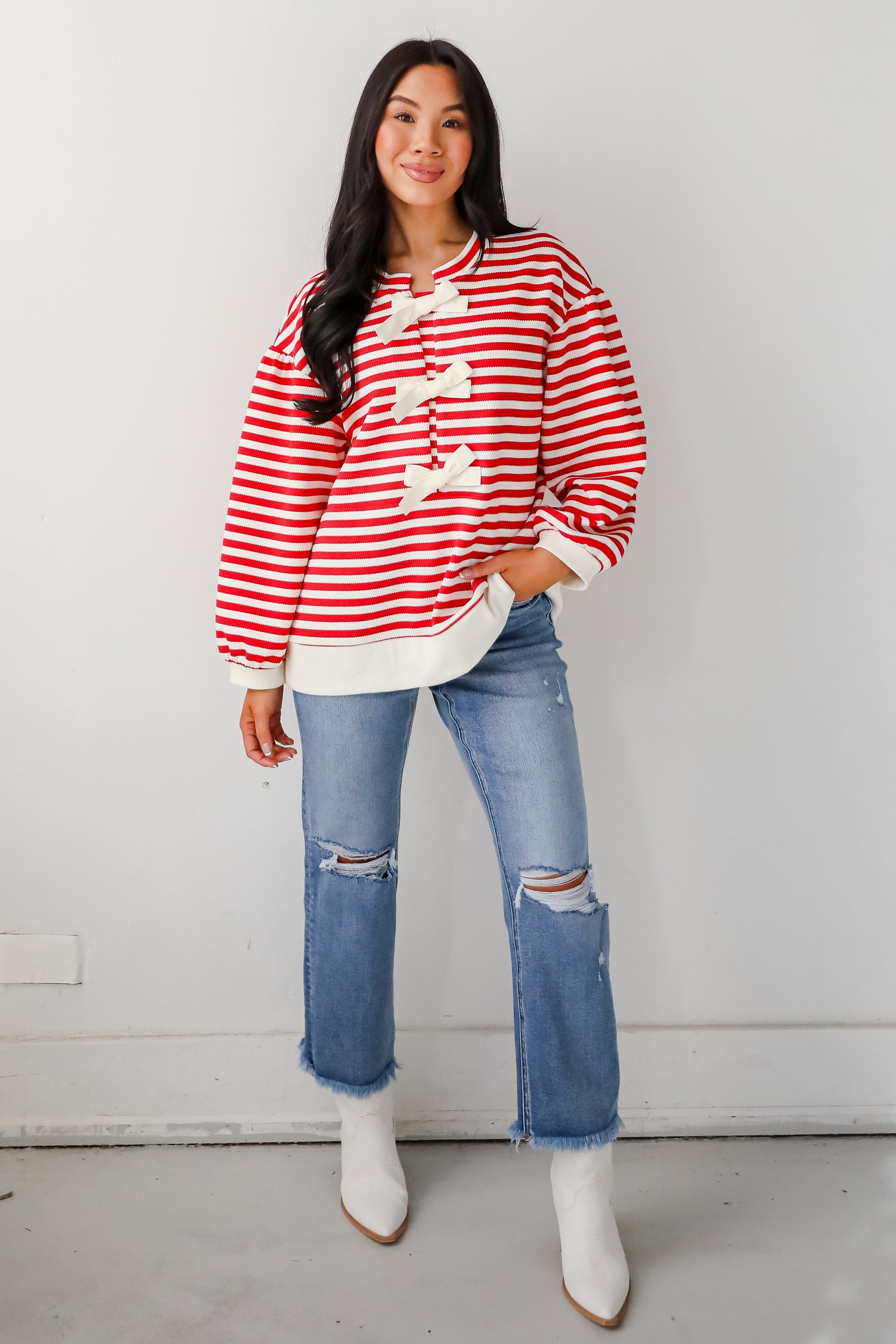 Unbelievably Lovely Red Striped Bow Knit Top