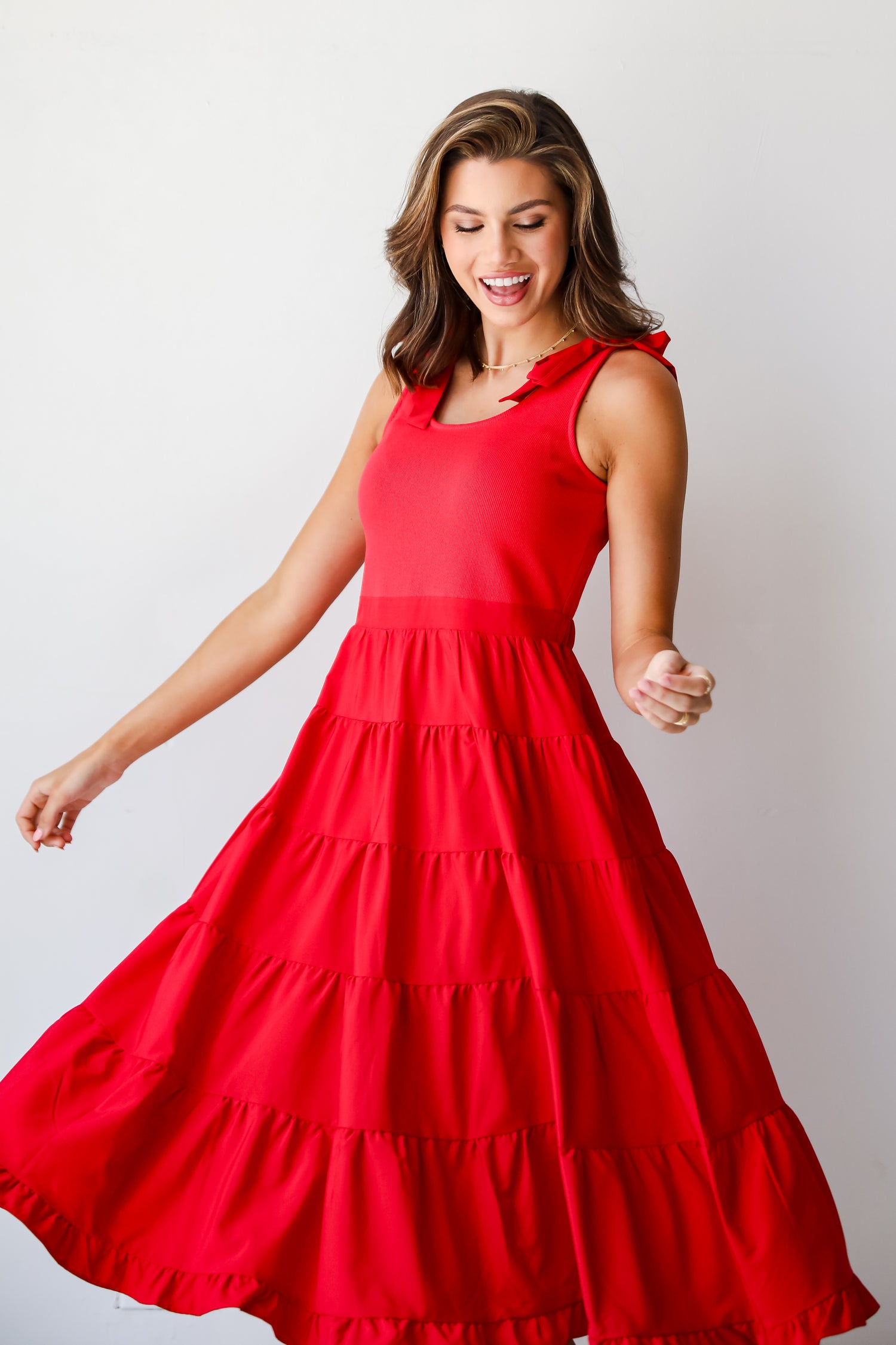 Sweet Daylight Red Tiered Midi Dress