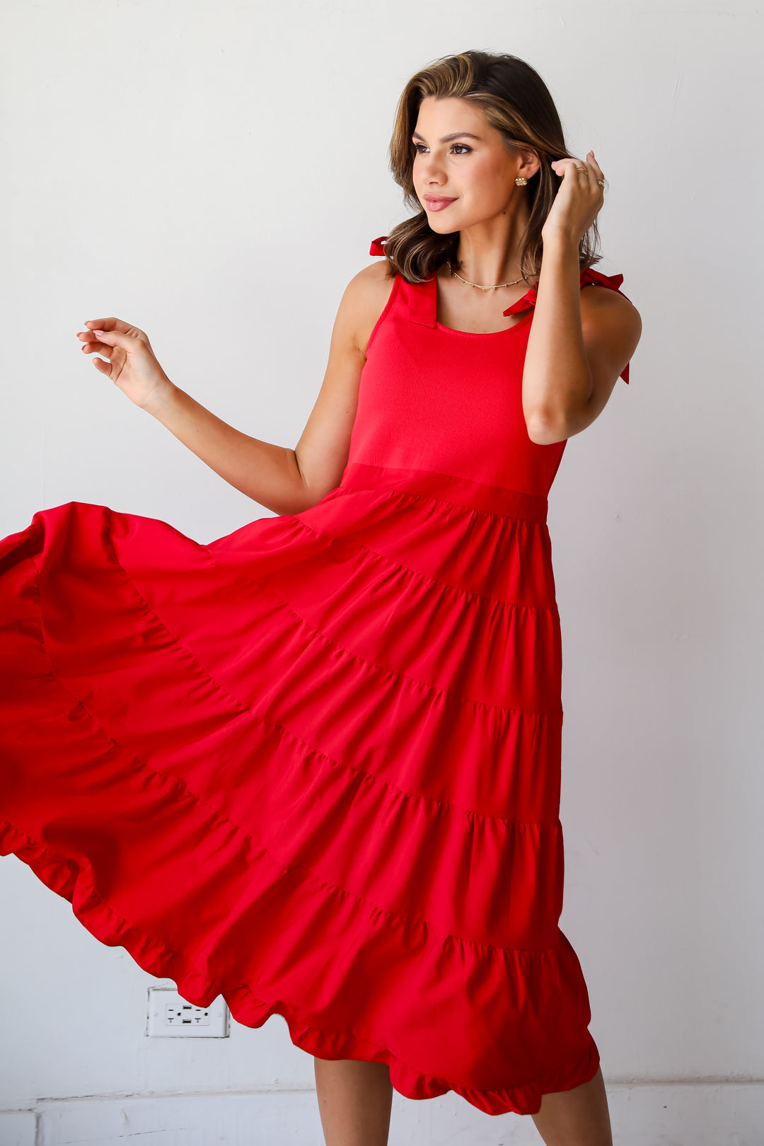 Sweet Daylight Red Tiered Midi Dress