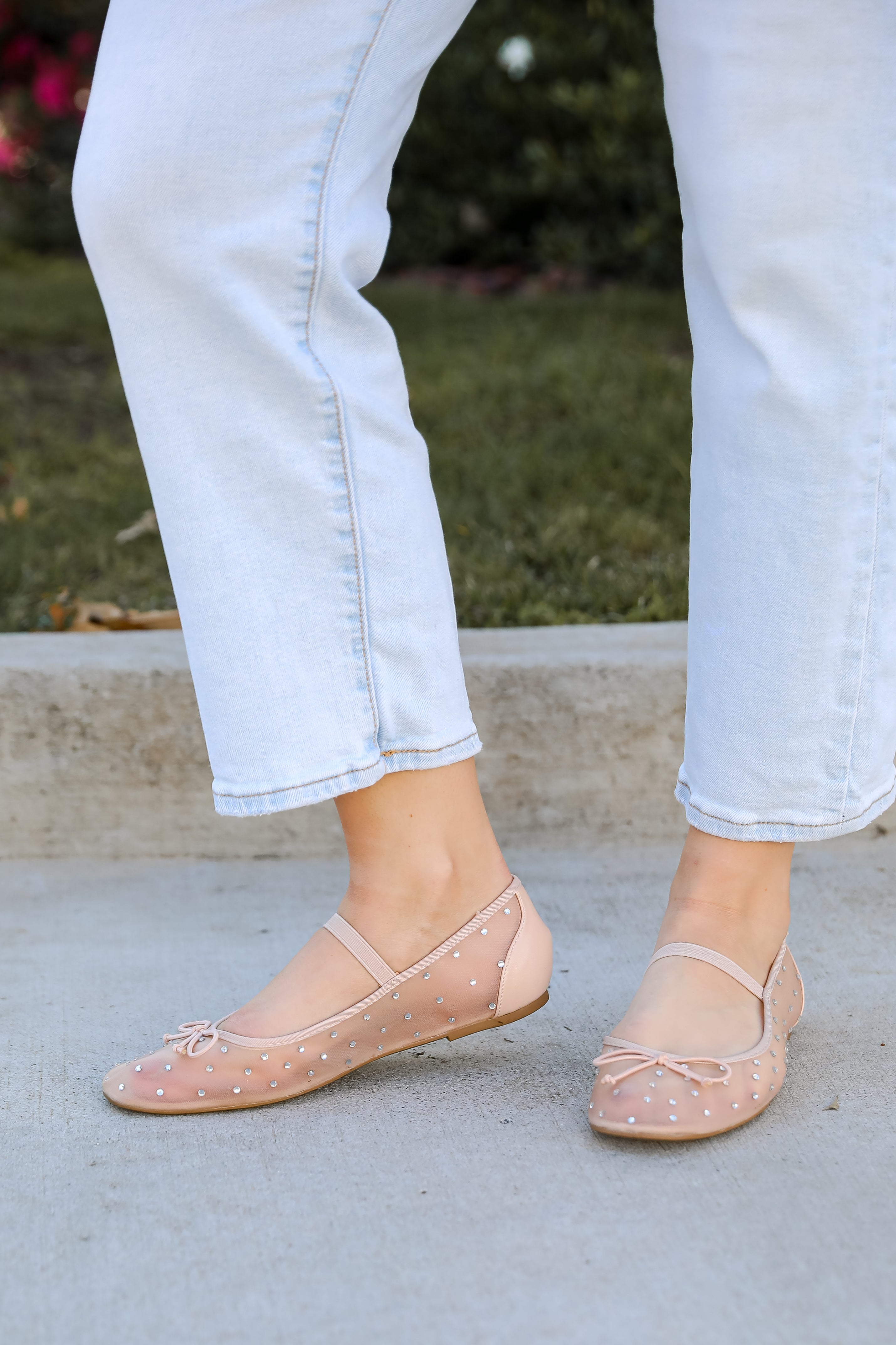 Living For Love Nude Mesh Rhinestone Ballet Flats