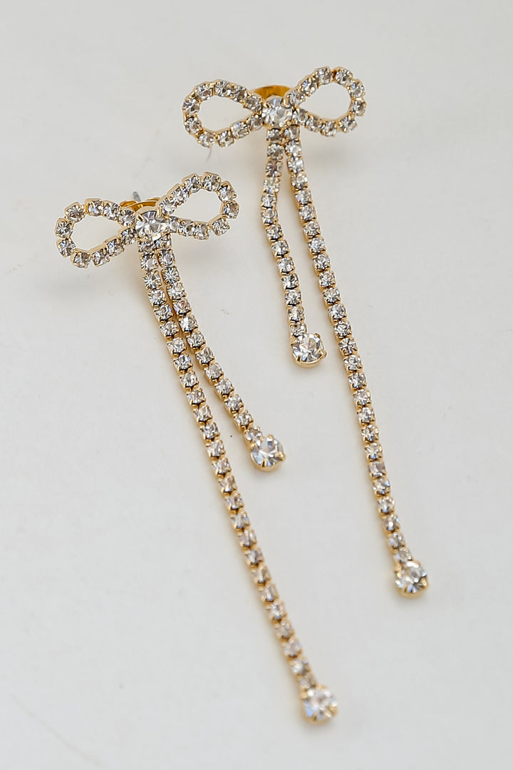 Gold Bow Rhinestone Fringe Earrings