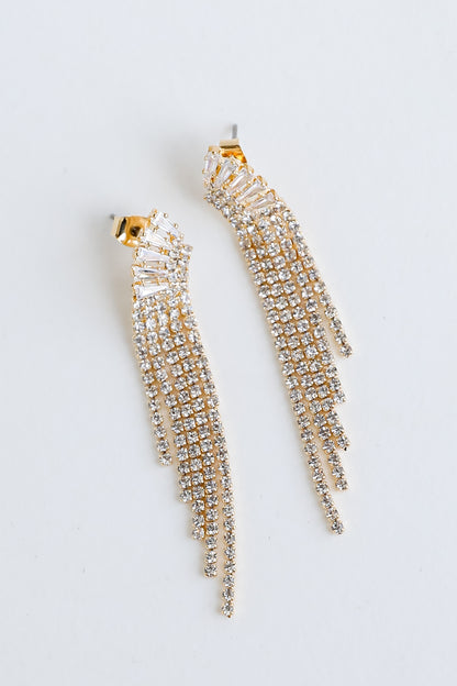 Gold Rhinestone Fringe Earrings close up