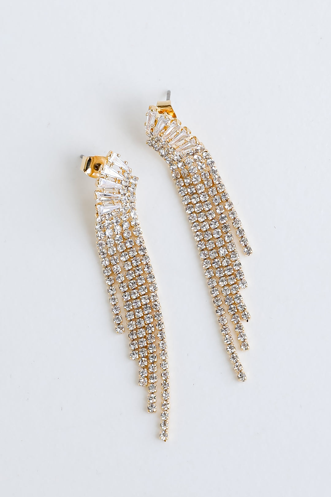 Gold Rhinestone Fringe Earrings flat lay