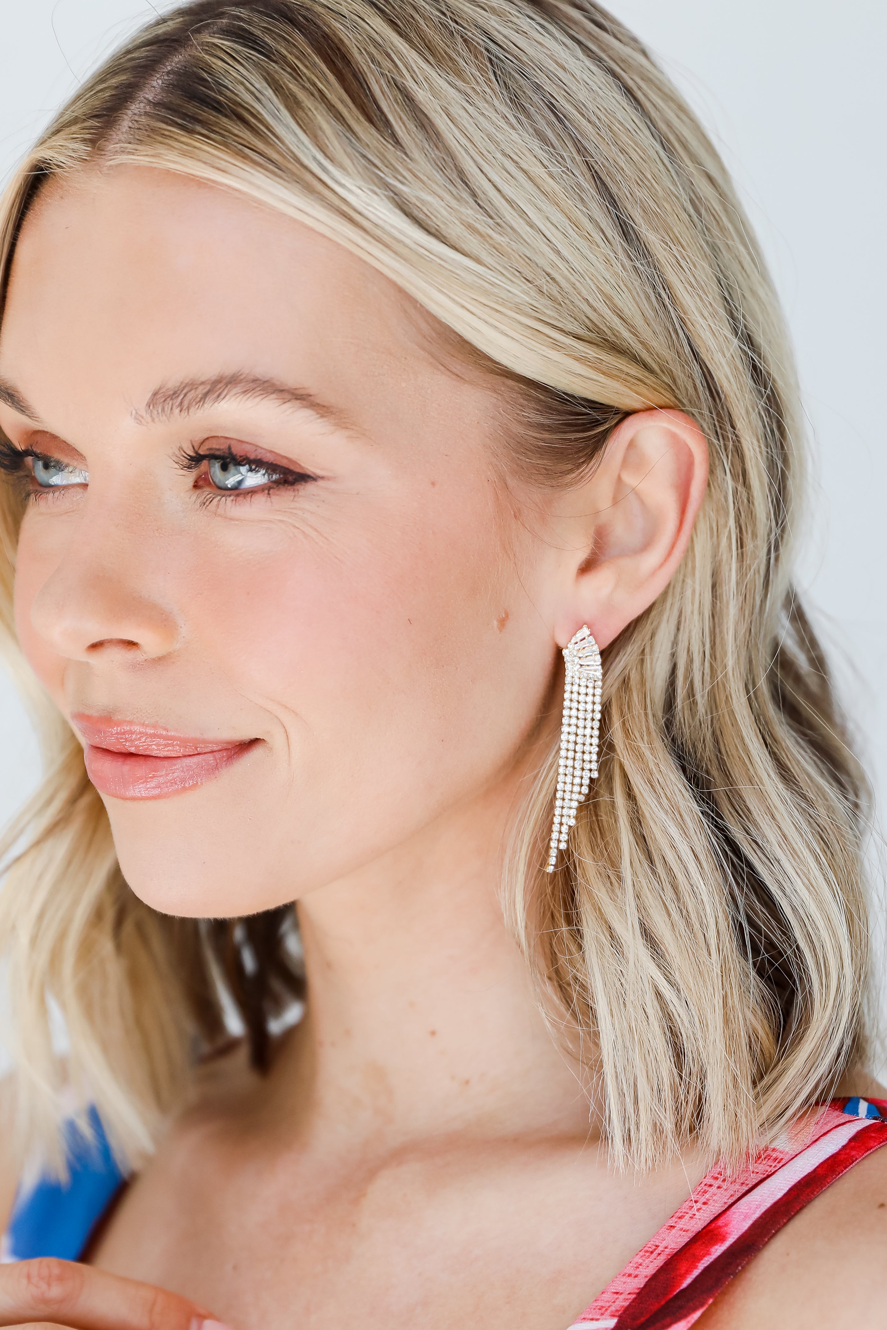 Gold Rhinestone Fringe Earrings on model