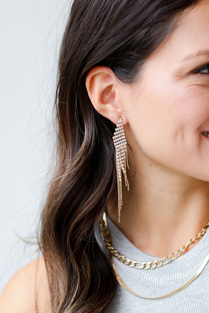 Gold Rhinestone Beaded Fringe Earrings on model