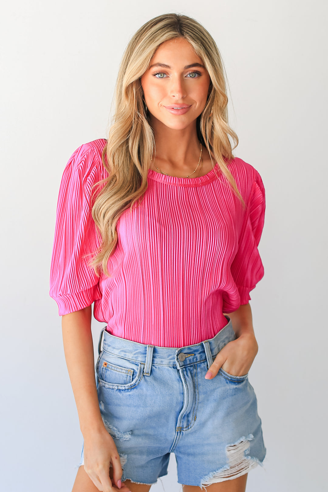 fuchsia Plisse Top on model