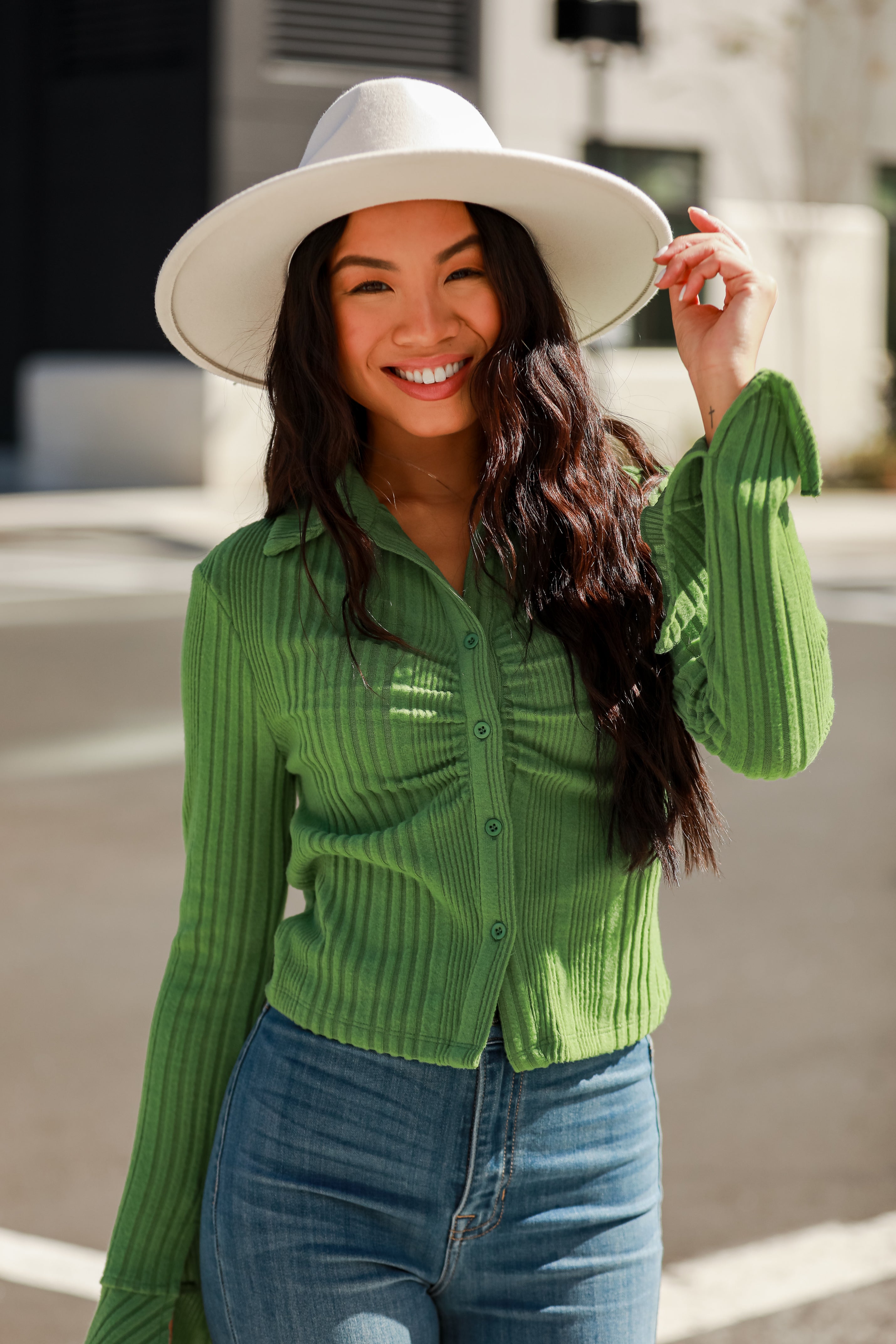 green Brushed Ribbed Knit Collared Top