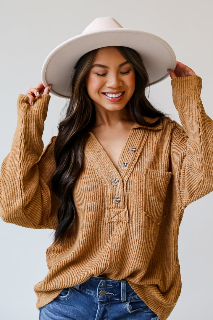 brown Collared Henley Knit Top front view