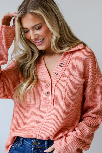 cute blush Collared Henley Knit Top