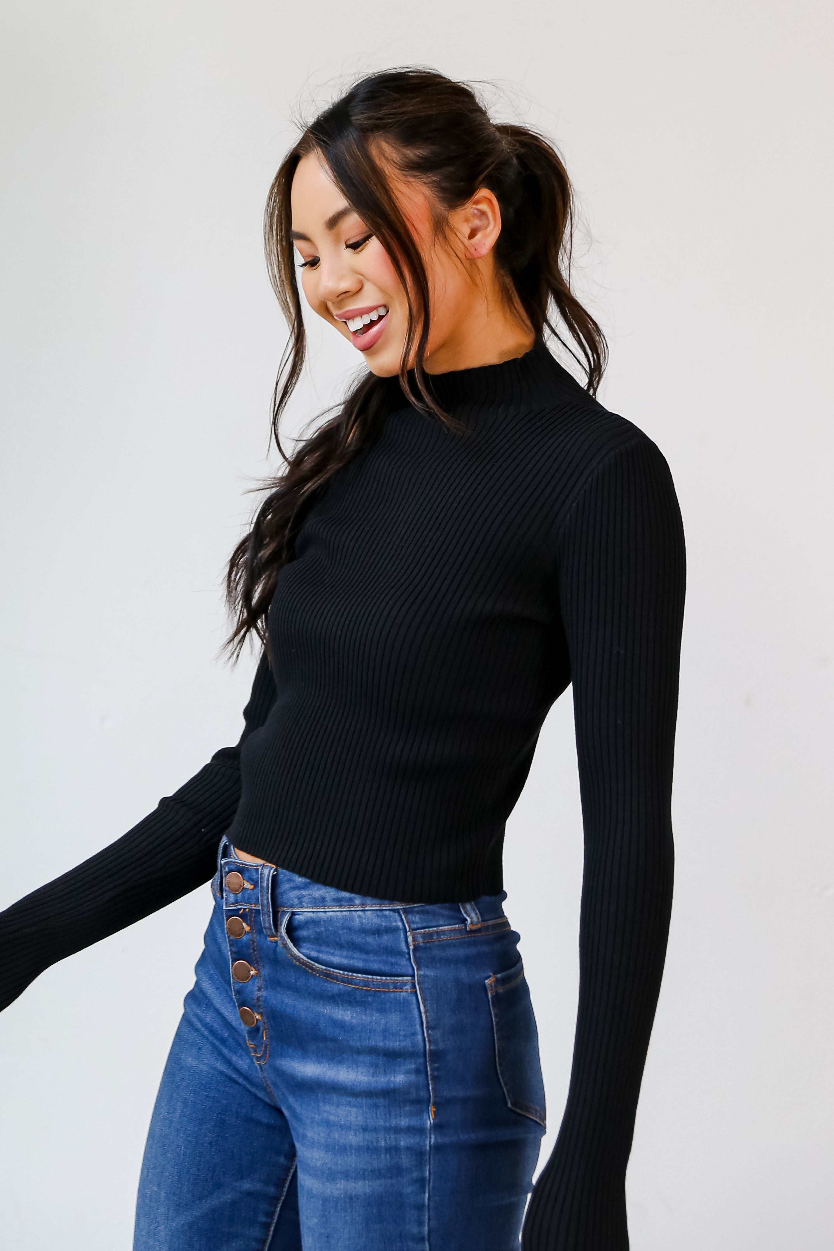 black Ribbed Mock Neck Top for layering