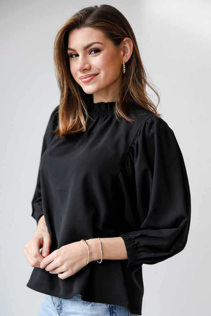 girly black Ruffle Blouse