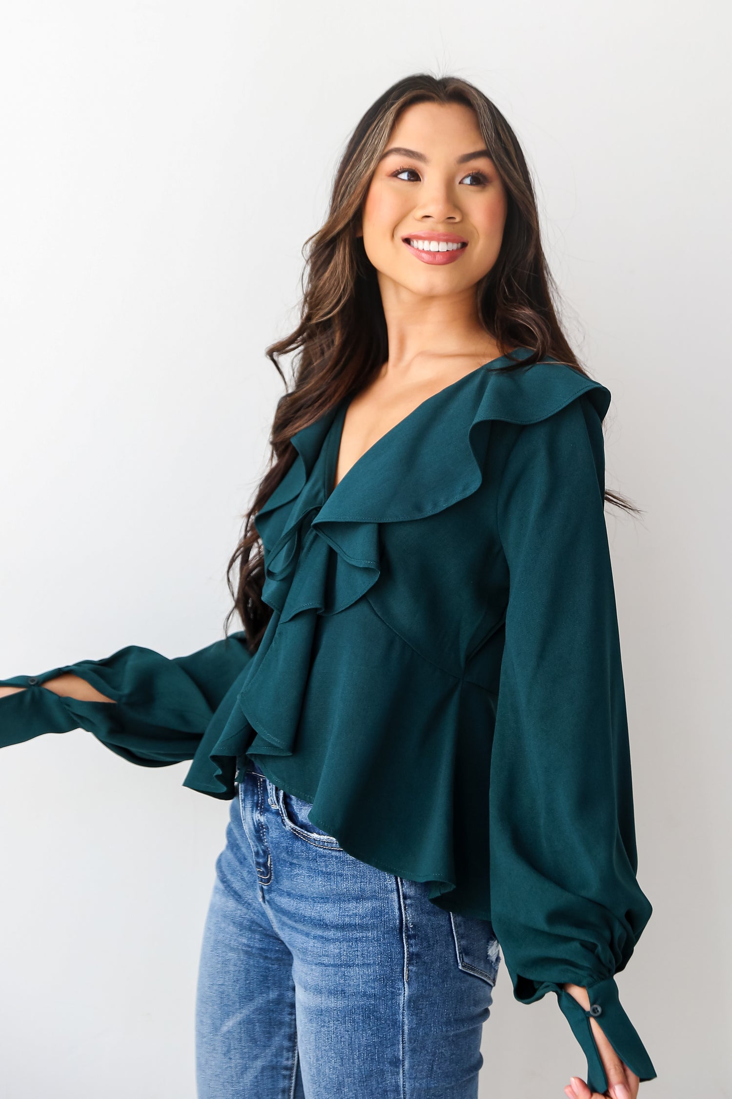 trendy Hunter Green Ruffle Blouse