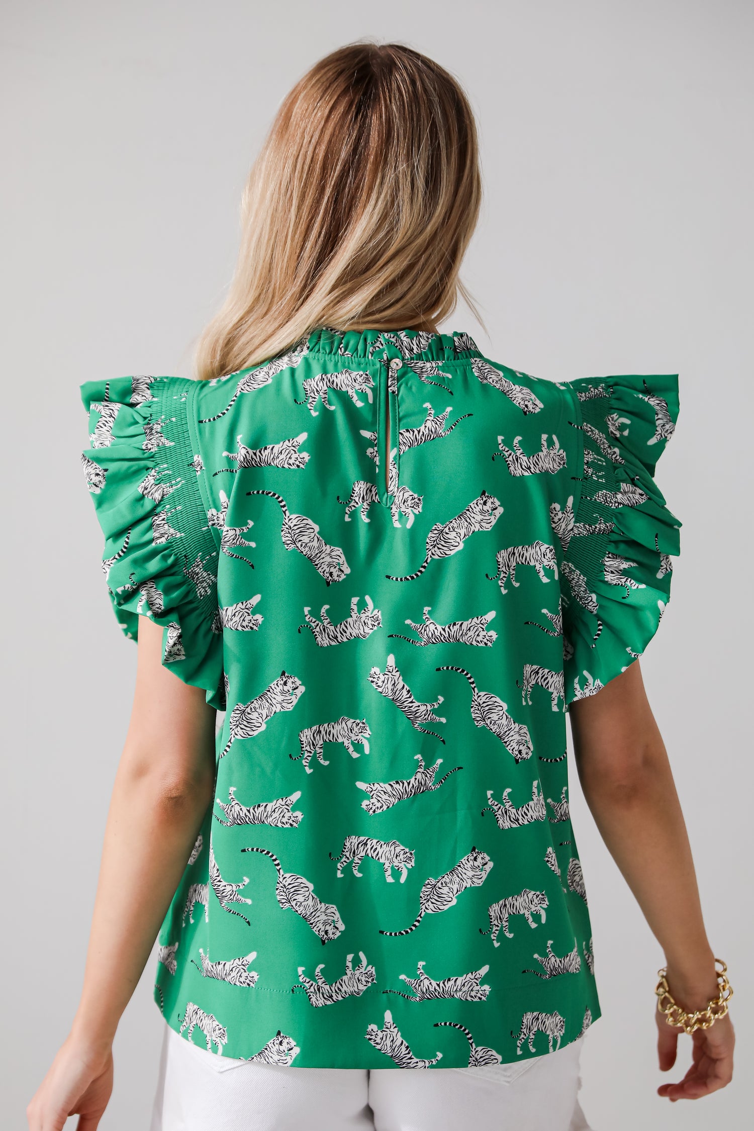 cute green Tiger Print Ruffle Blouse