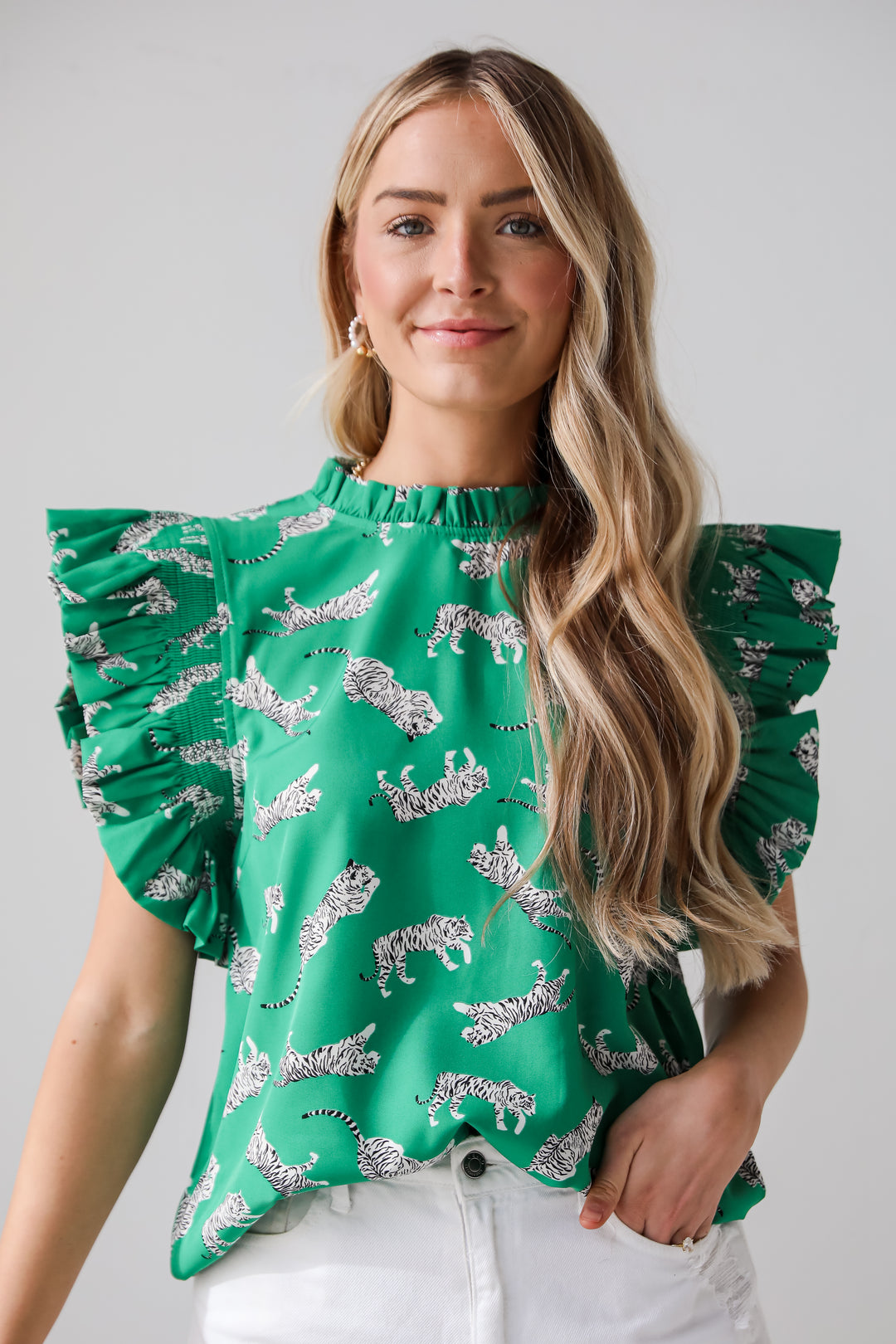 green Tiger Print Ruffle Blouse