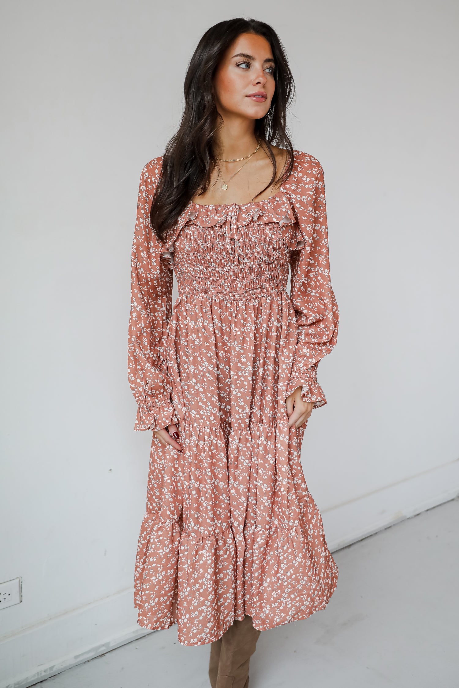 Elevated Invite Rust Floral Midi Dress