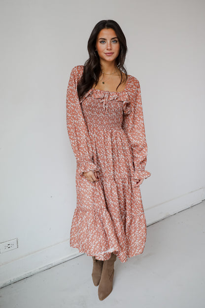 Elevated Invite Rust Floral Midi Dress