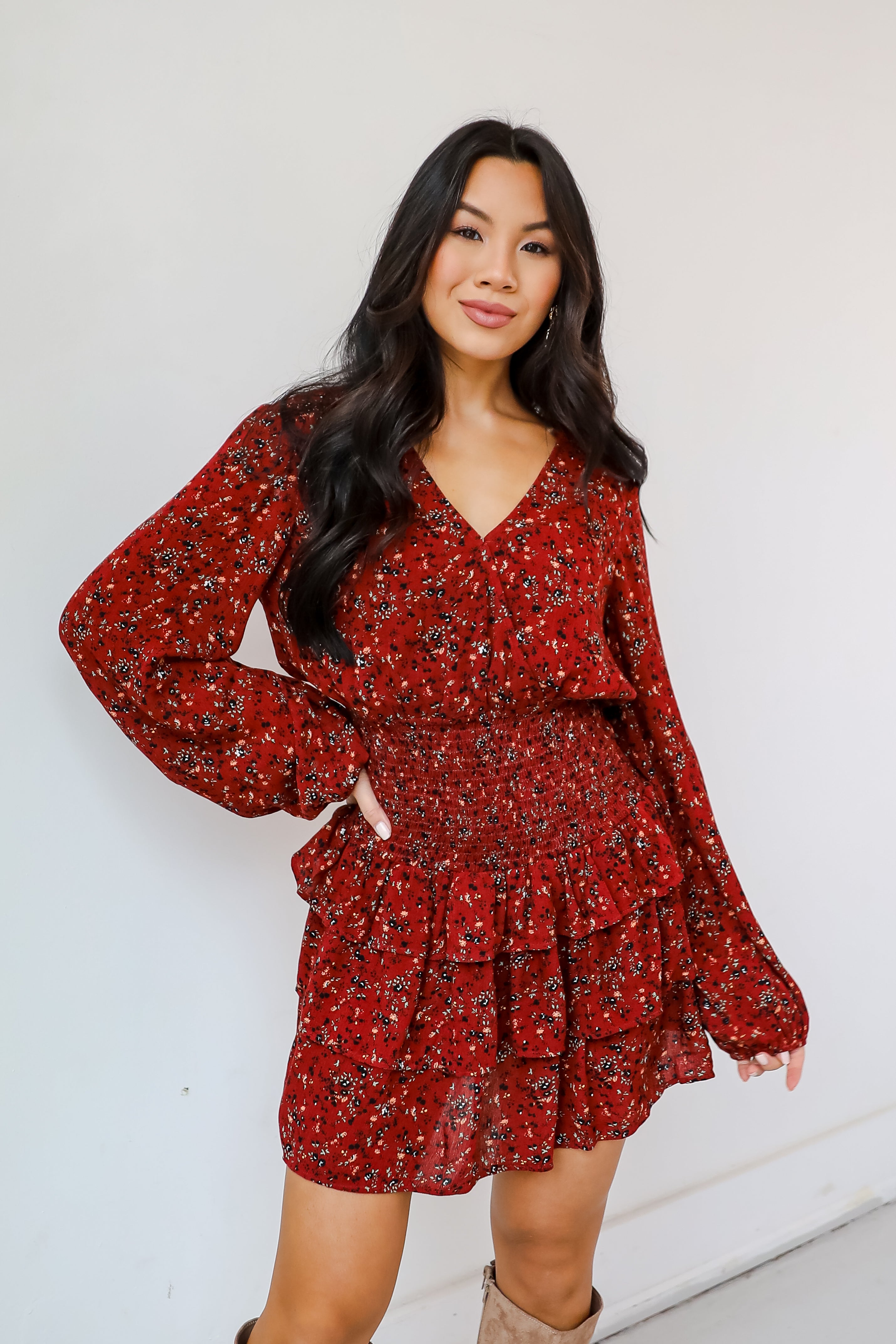 Decadent Presence Rust Floral Mini Dress