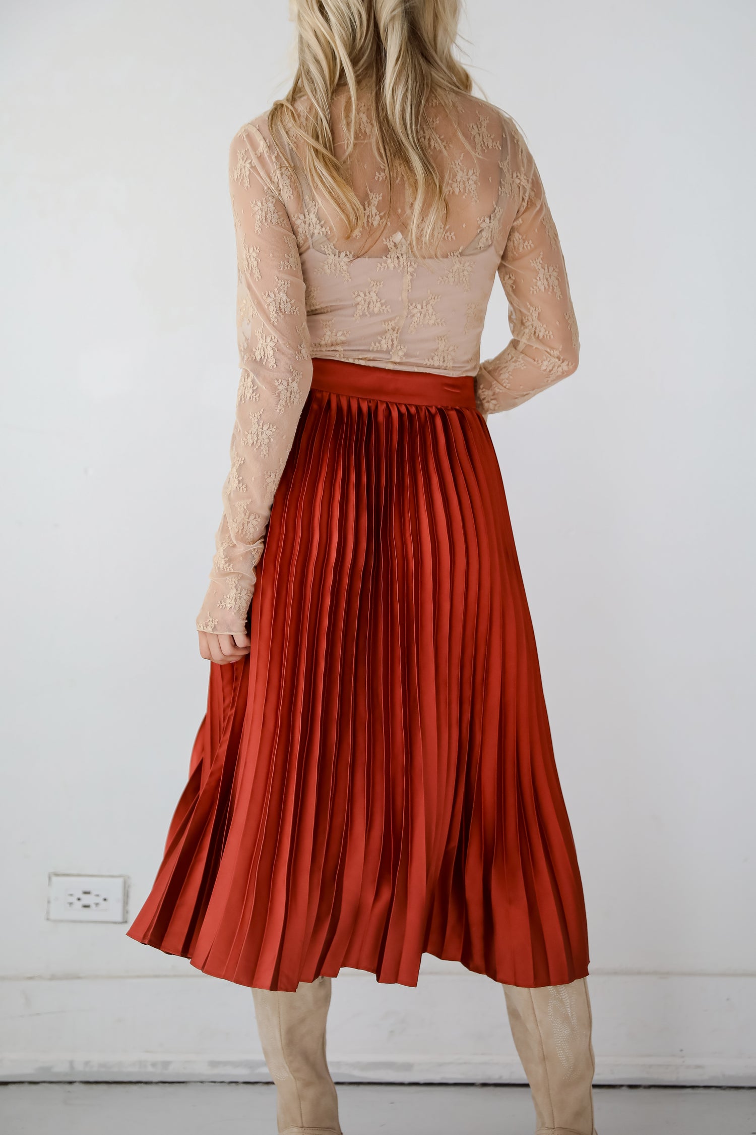 Fabulous Always Rust Satin Pleated Midi Skirt