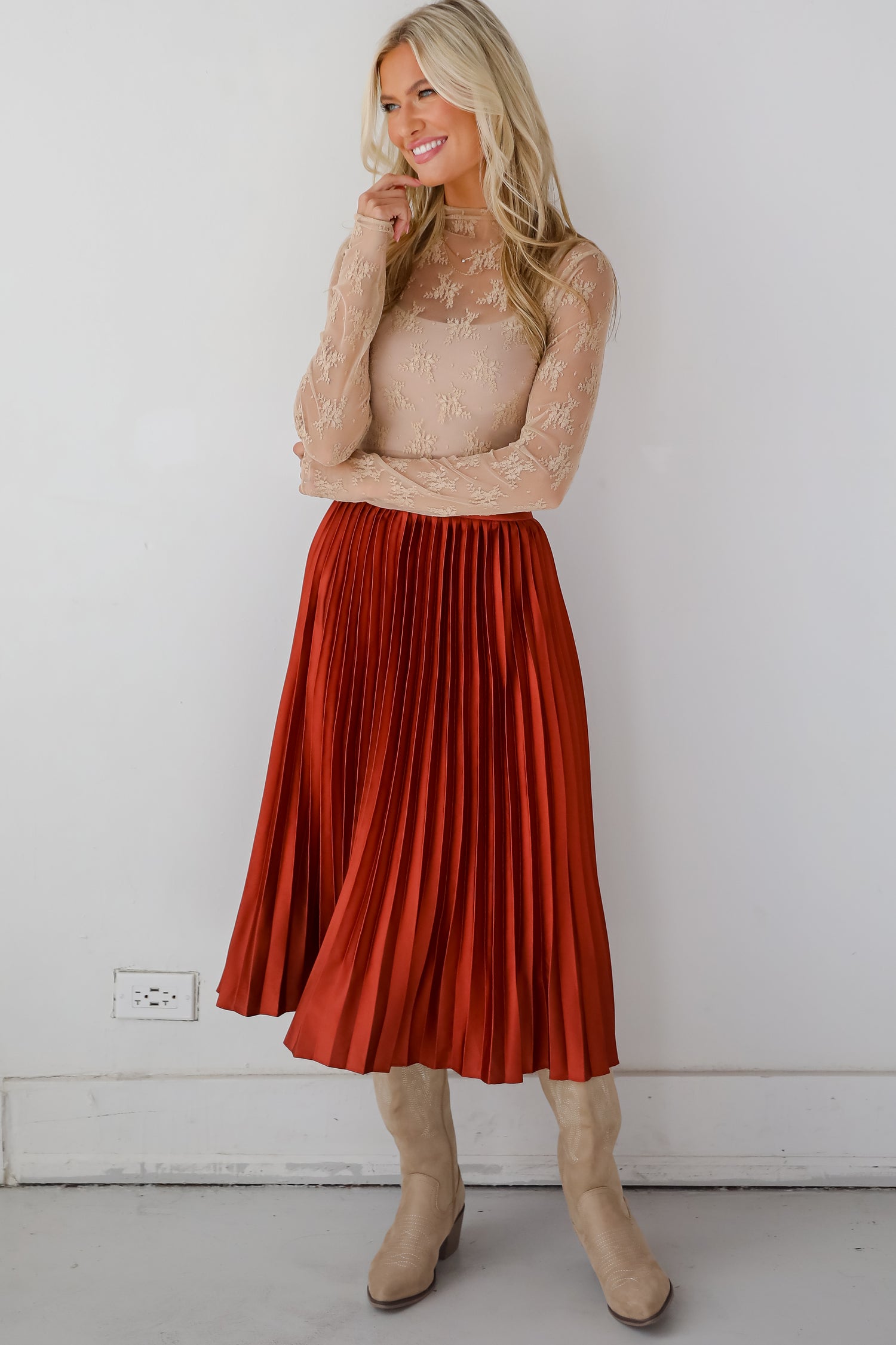 Fabulous Always Rust Satin Pleated Midi Skirt