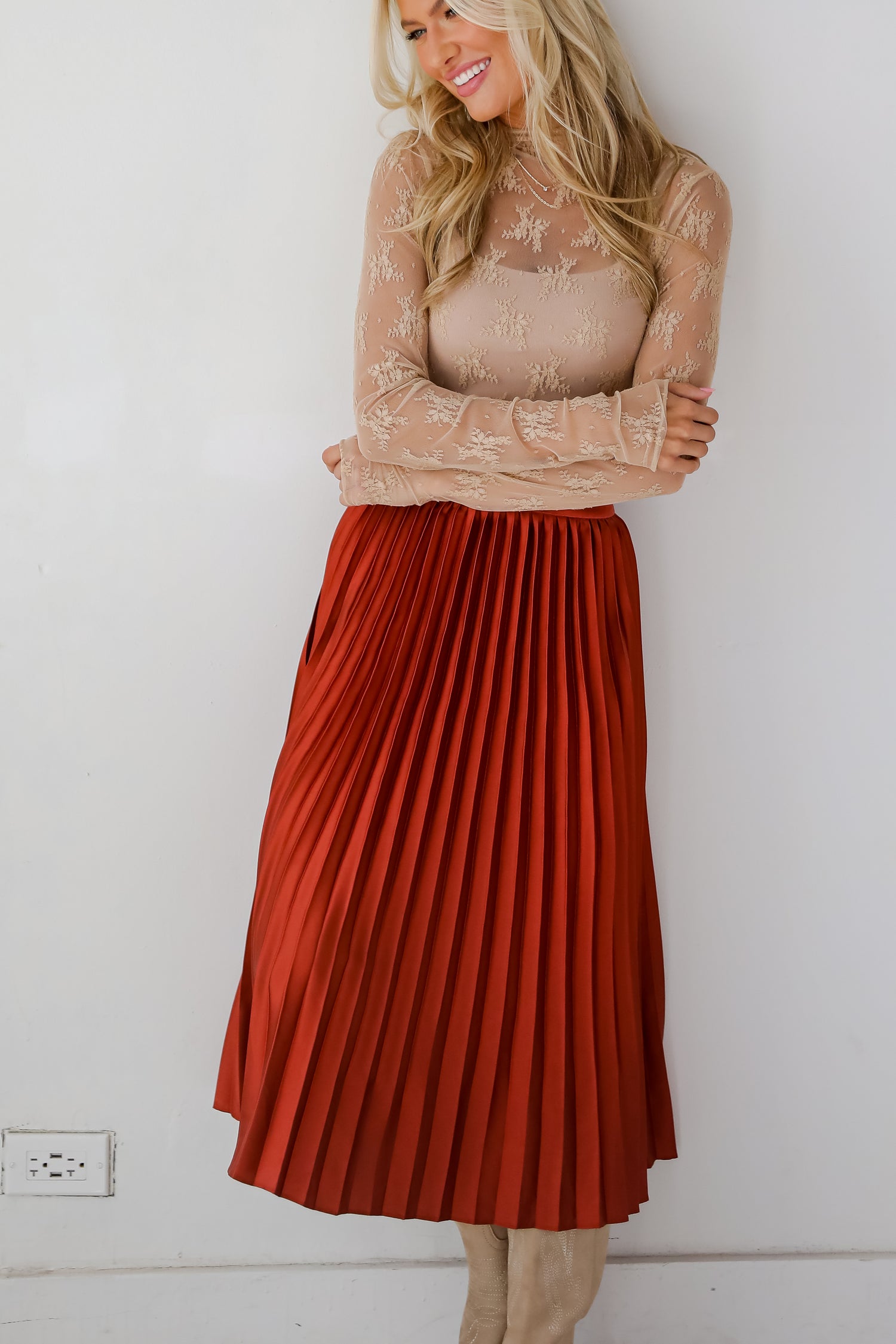 Fabulous Always Rust Satin Pleated Midi Skirt