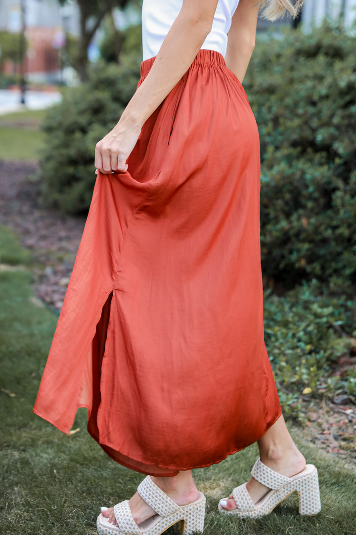 Rust Satin Midi Skirt