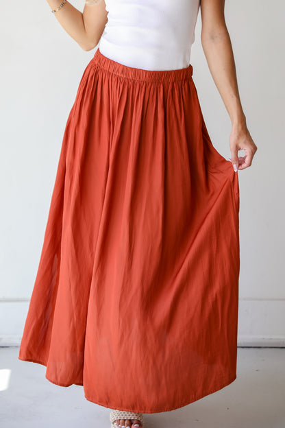 Rust Satin Midi Skirt