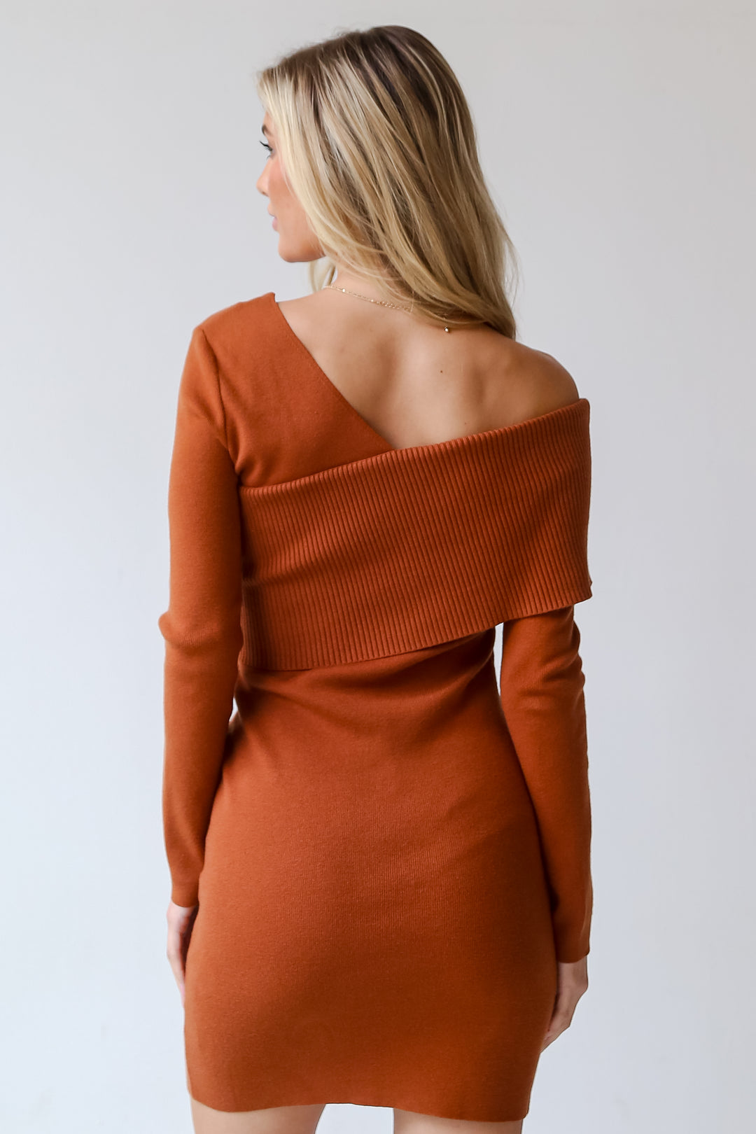 Camel One-Shoulder Mini Sweater Dress back view