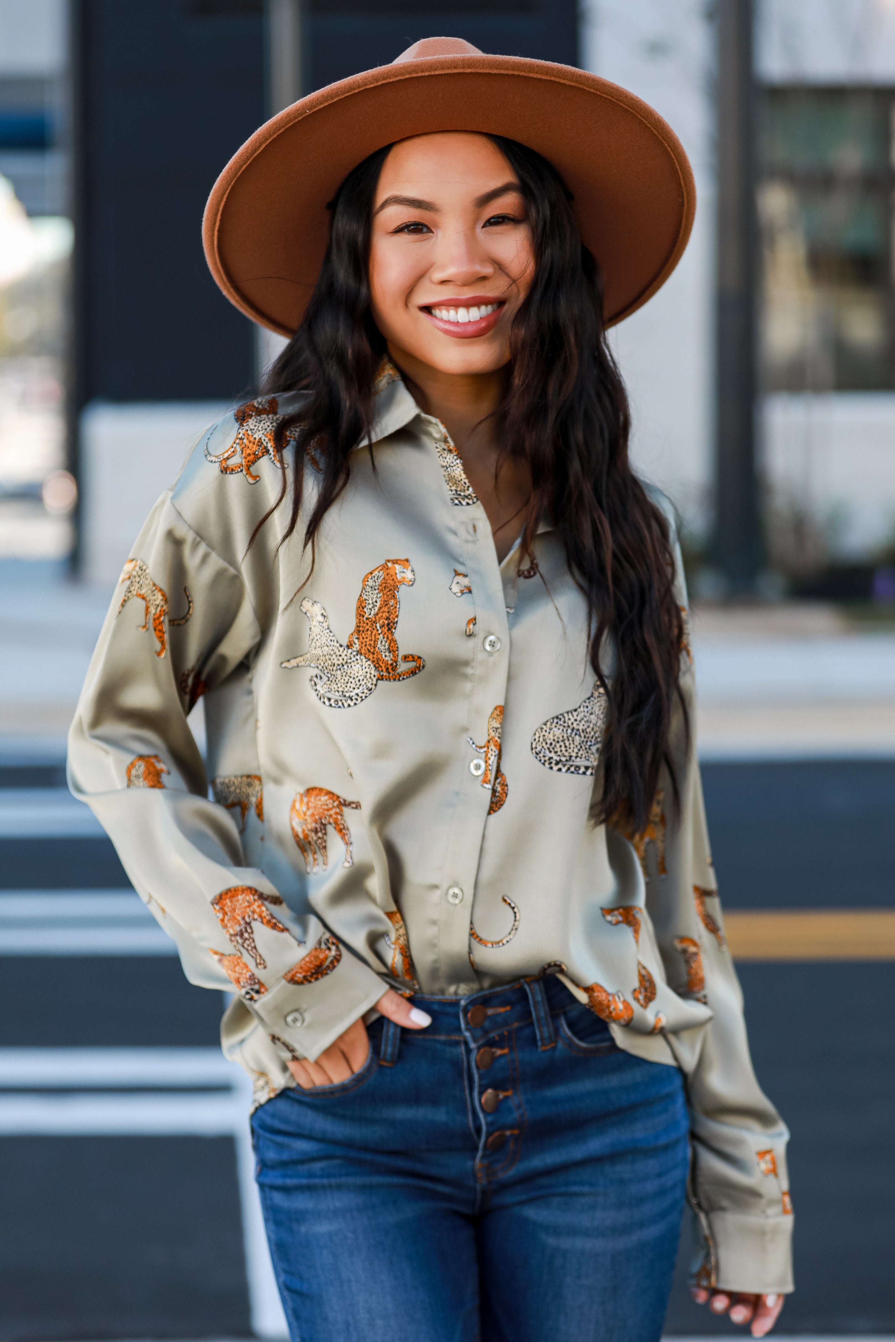 Sage Cheetah Button-Up Blouse