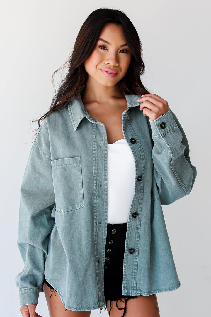 Sage Denim Jacket on dress up model