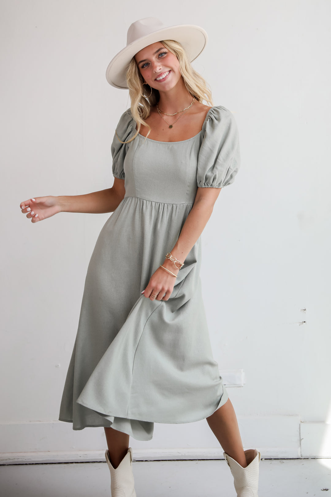 Chic Persuasion Sage Linen Midi Dress