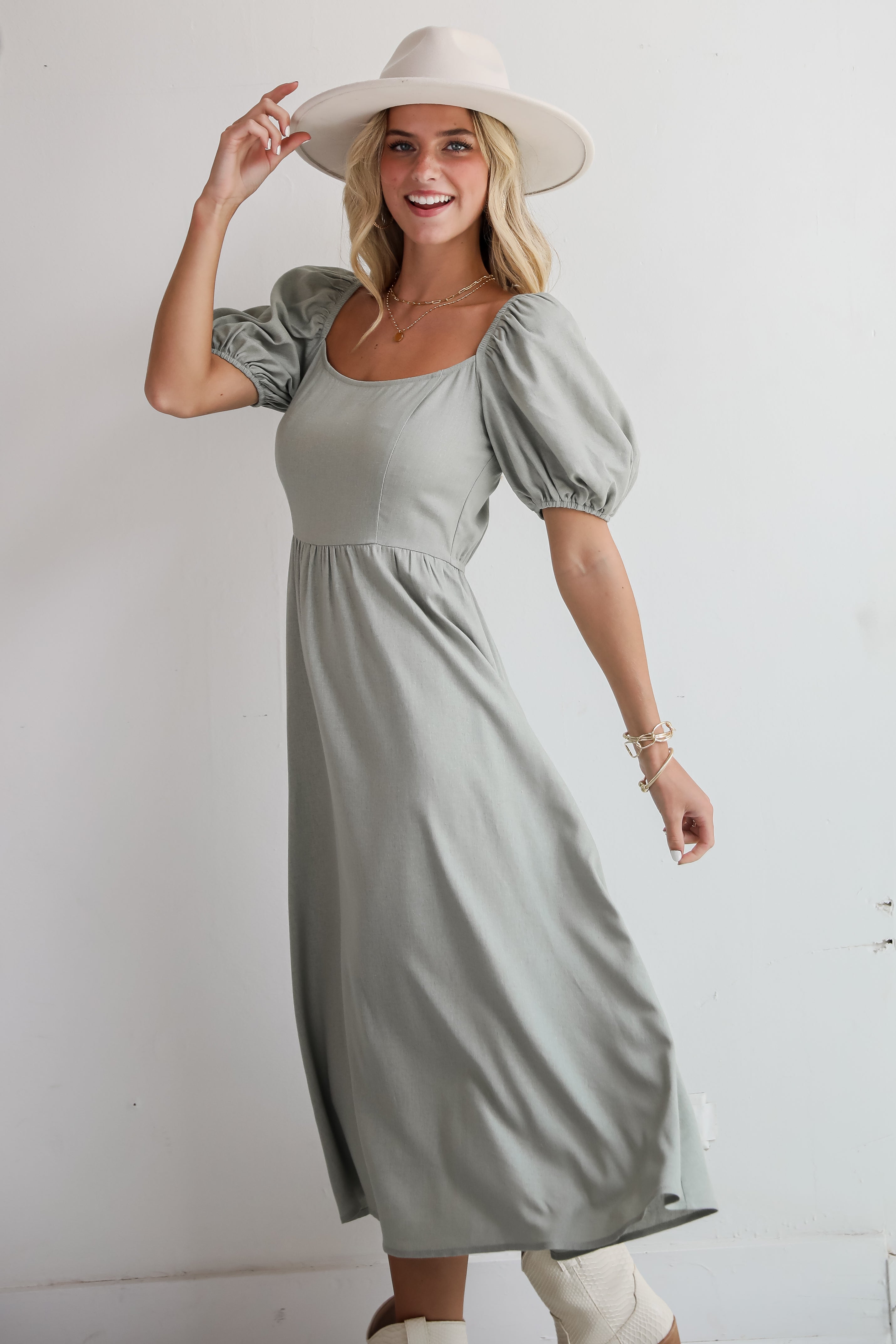 Chic Persuasion Sage Linen Midi Dress