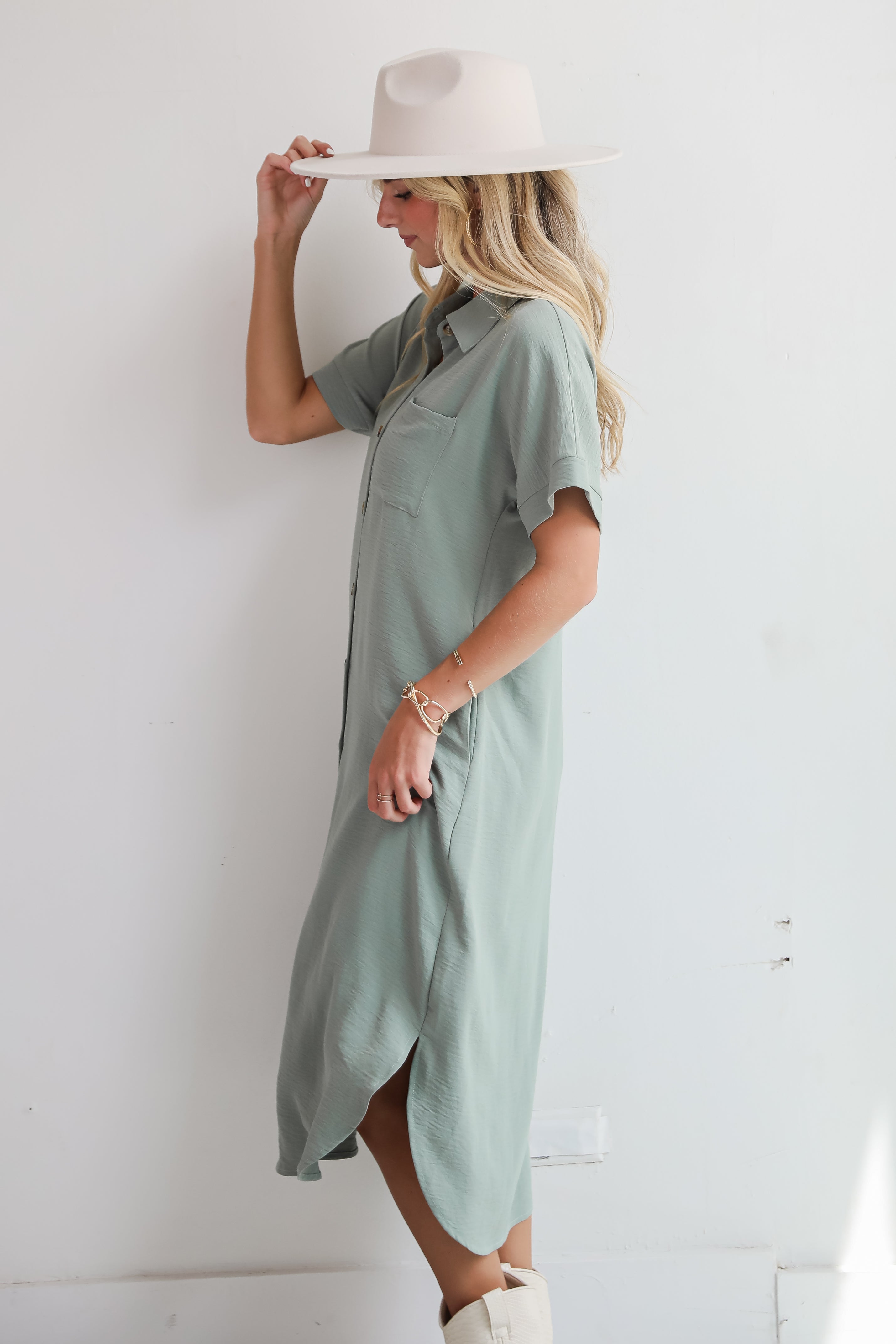 Radiant Moment Sage Button Front Midi Dress