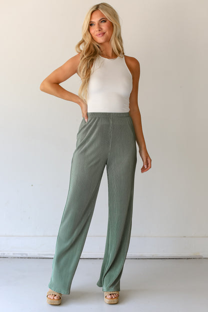 sage Plisse Satin Pants close up