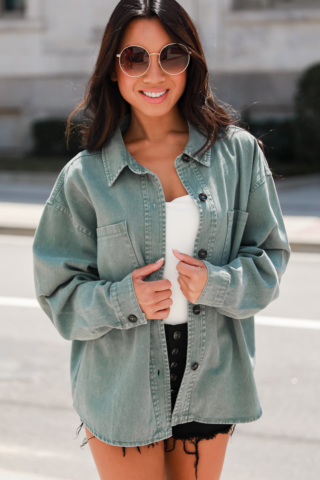 Sage Denim Jacket on model