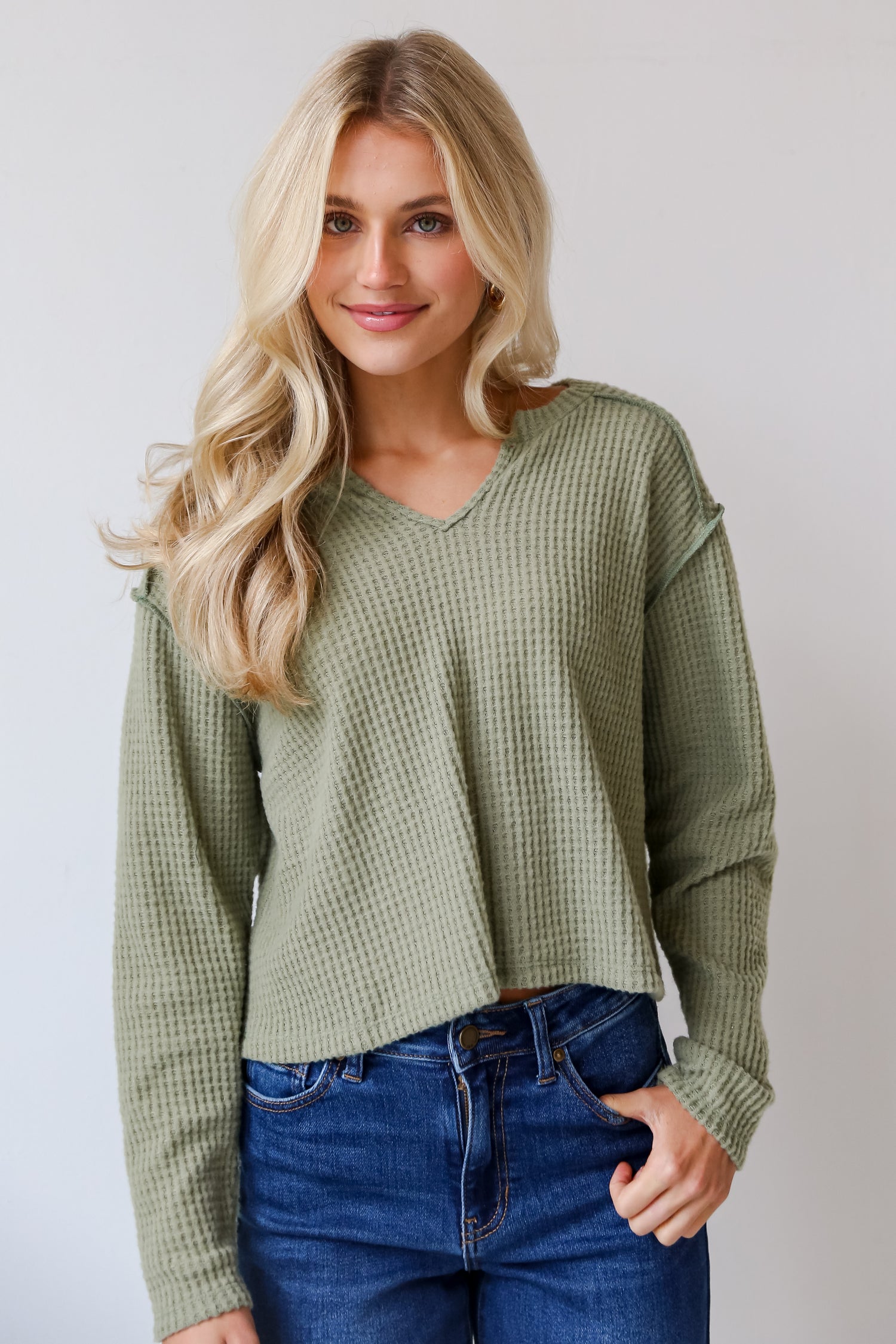 Sage Brushed Waffle Knit Top on model