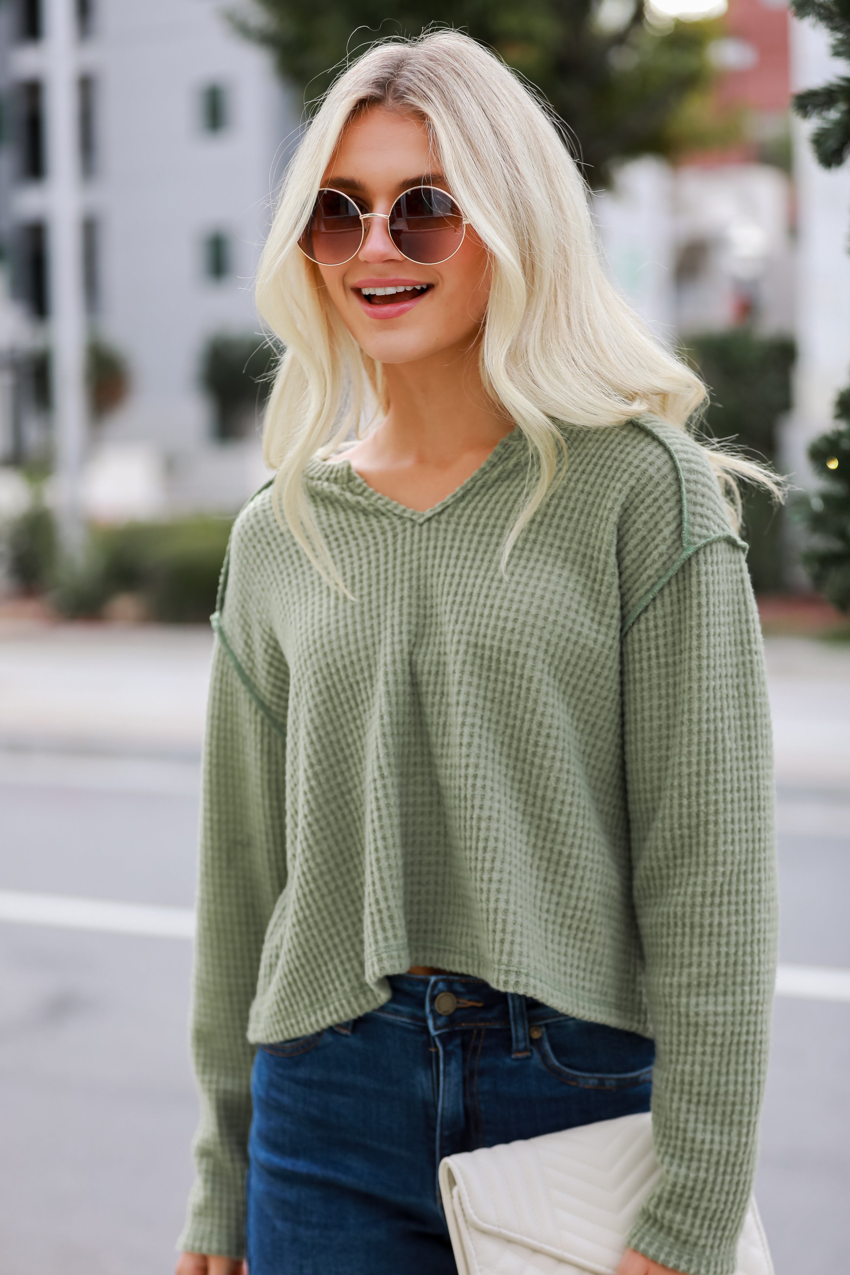 Sage Brushed Waffle Knit Top