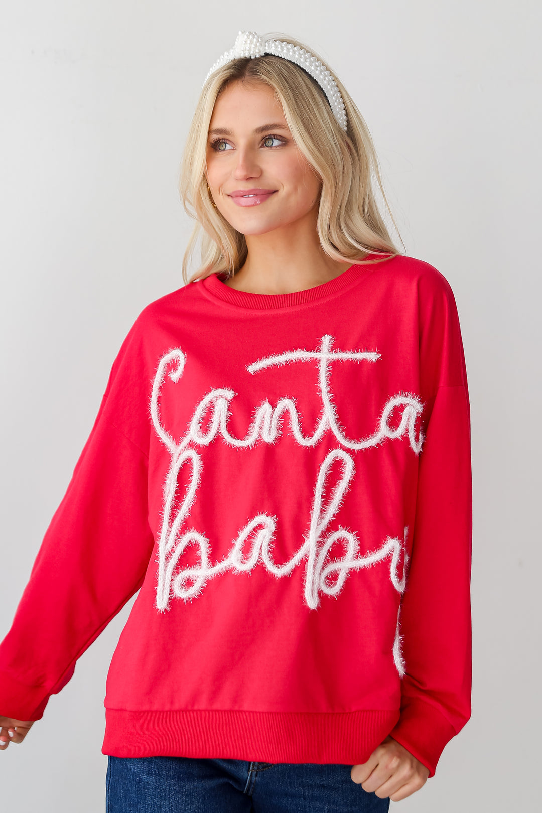 Red Santa Baby Metallic Letter Pullover on model