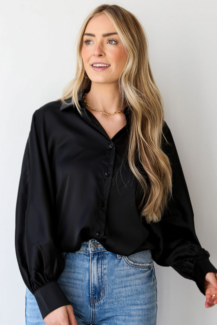 black Satin Button-Up Blouse for women