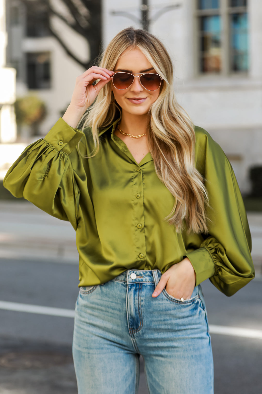 green Satin Button-Up Blouse