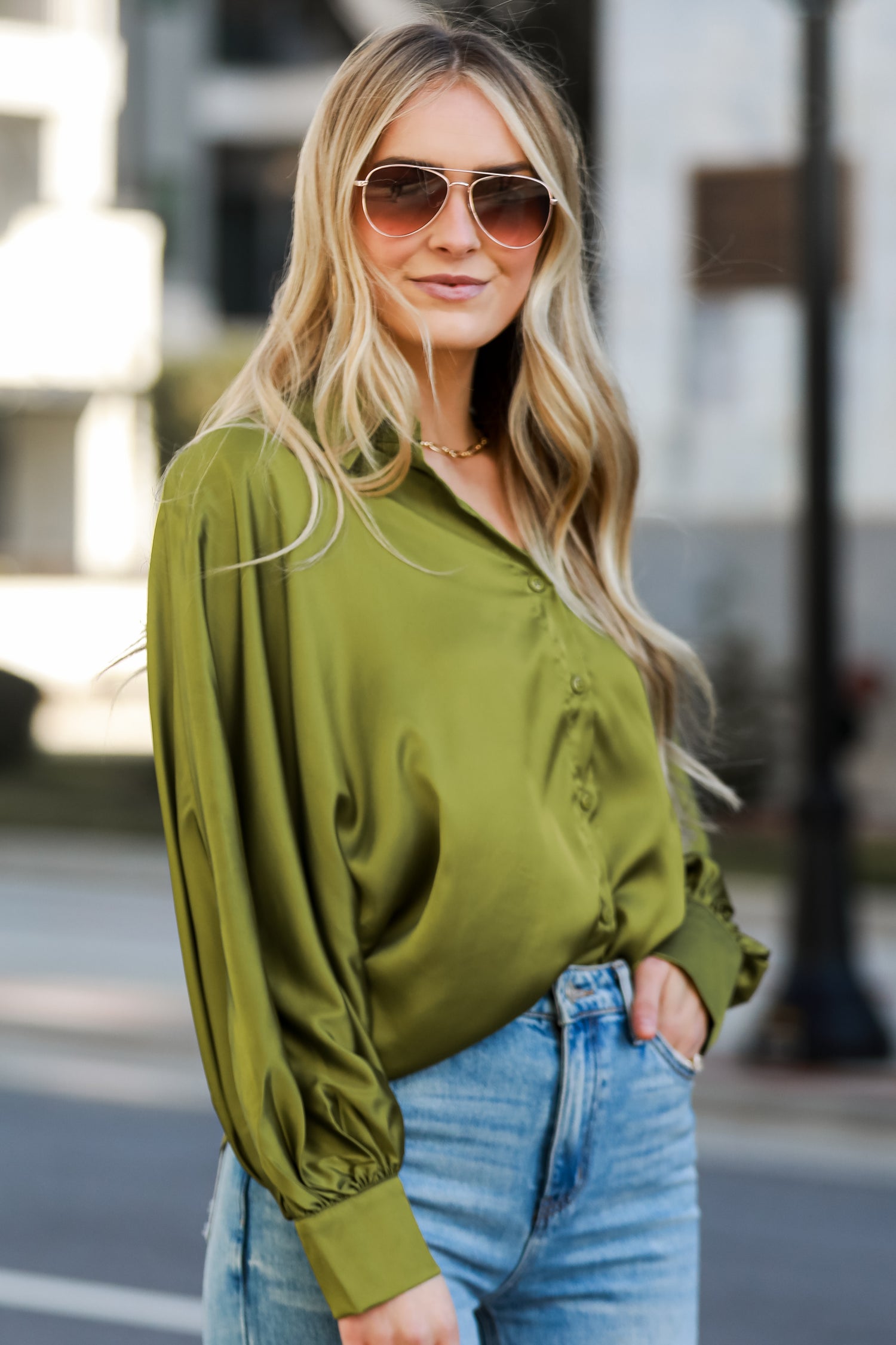 cute green Satin Button-Up Blouse