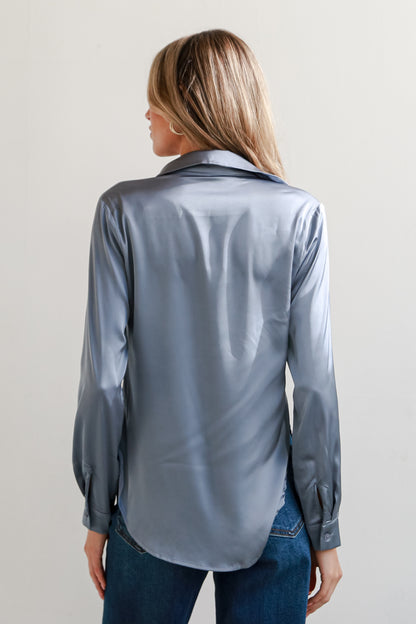 blue Satin Button-Up Blouse back view