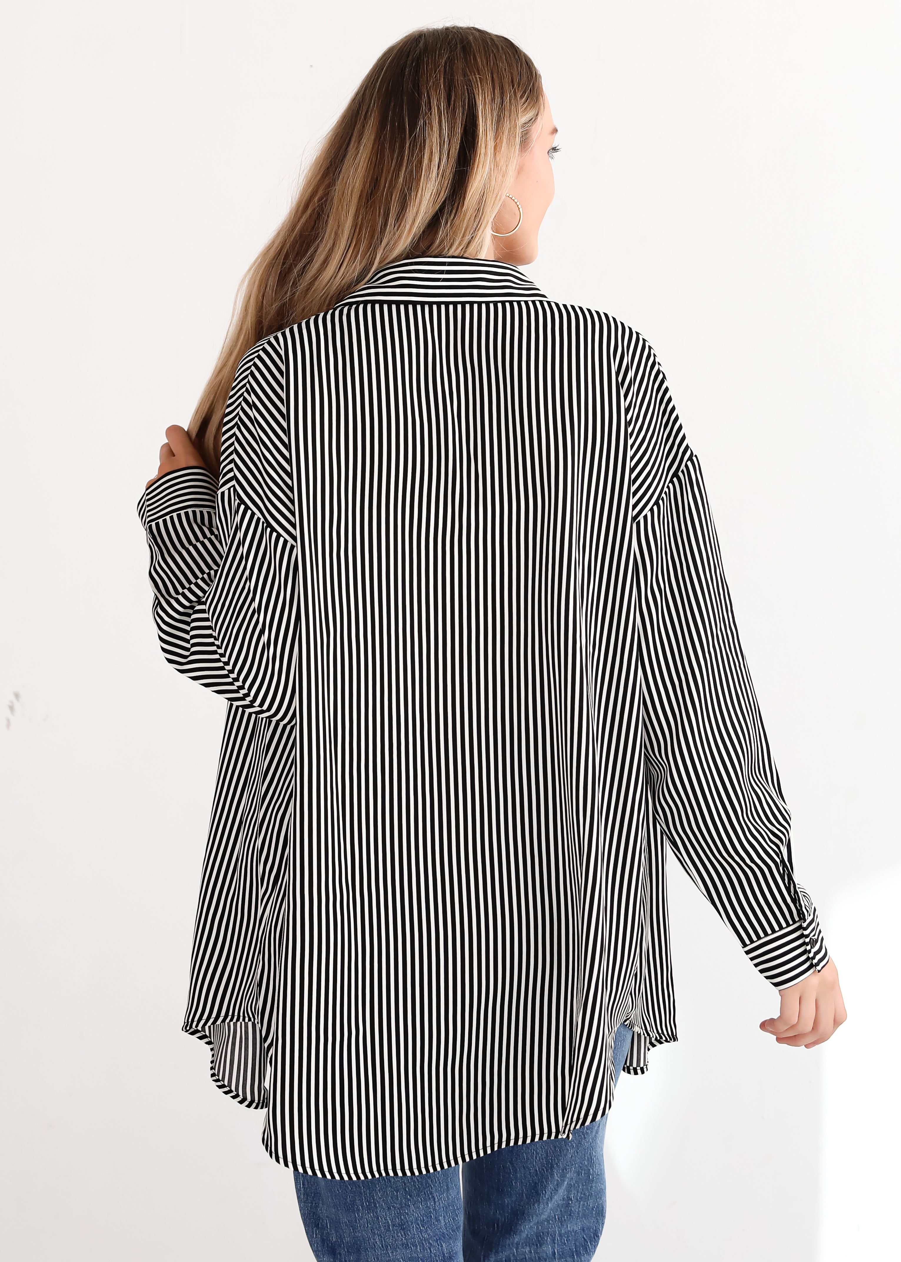 Playfully Composed Black Satin Striped Button-Up Blouse