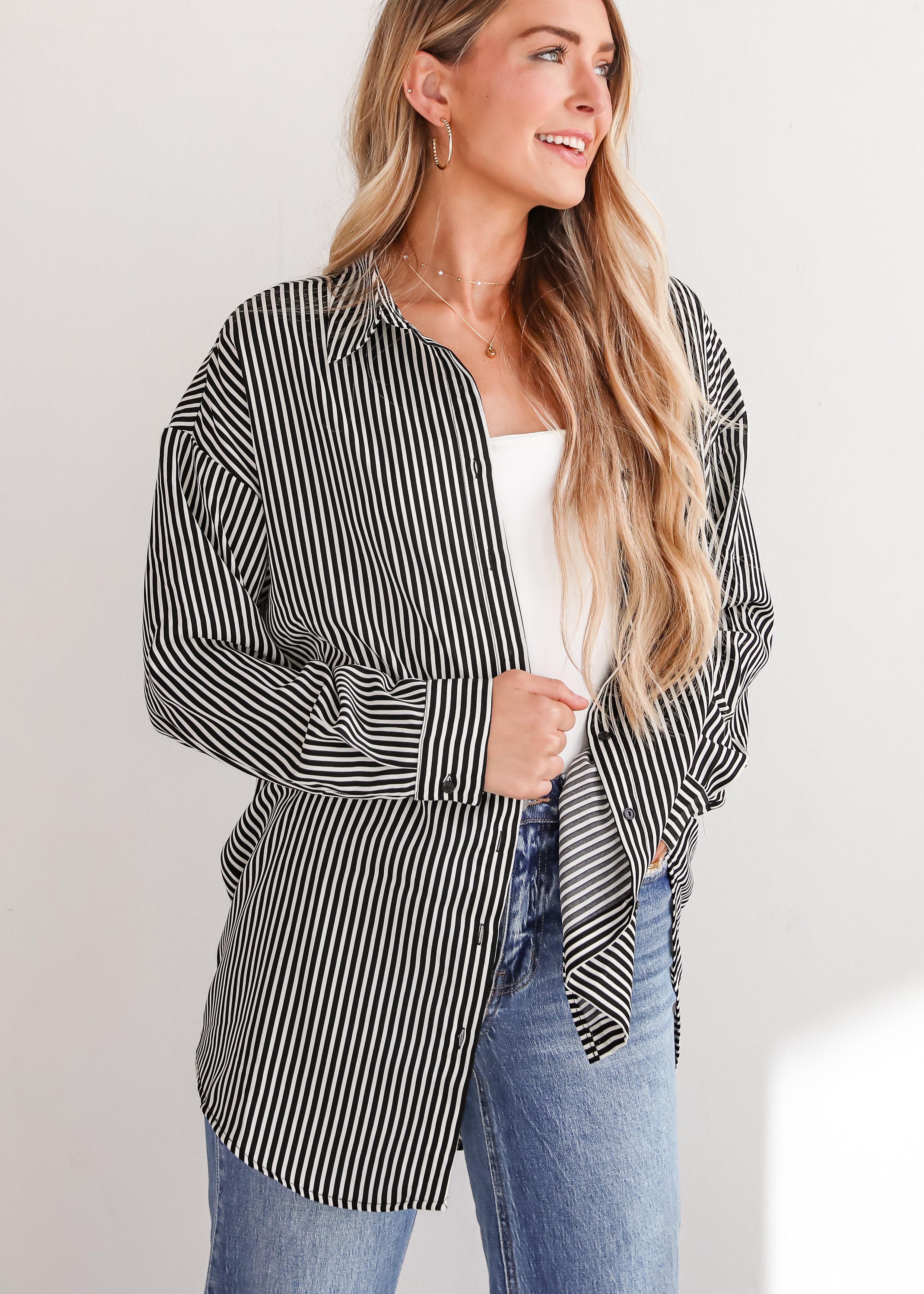 Playfully Composed Black Satin Striped Button-Up Blouse