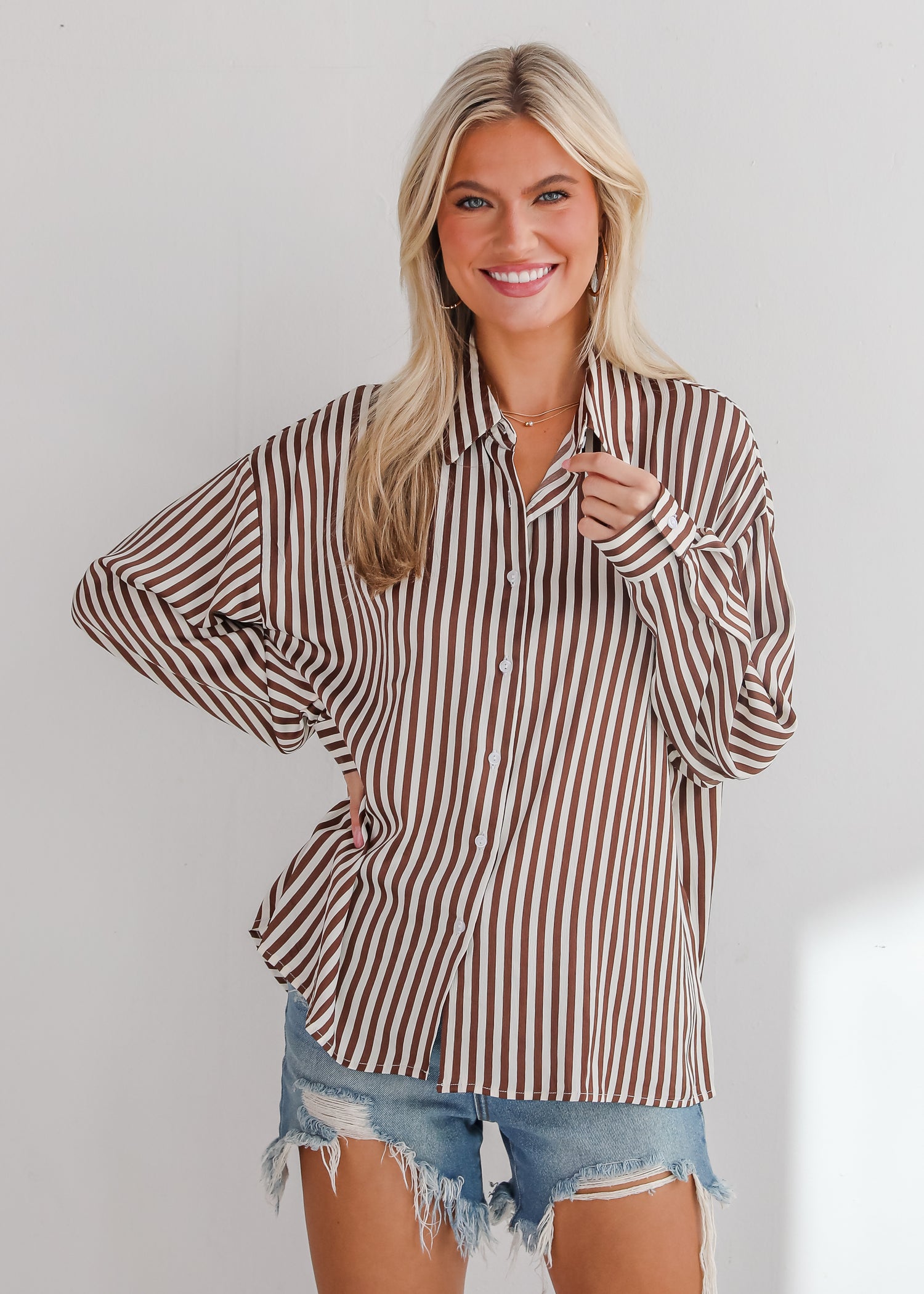 Composed Essence Satin Striped Button-Up Blouse